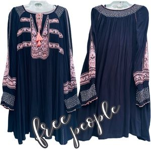 Free People Wind Willow Embroidered Black Tunic Top Dress Medium